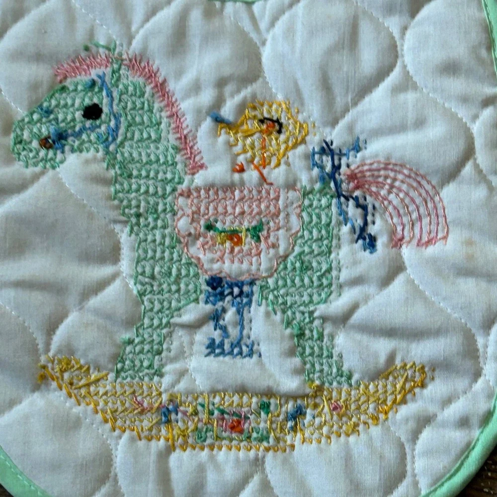 Vintage Handmade Quilted Baby Bib Cross Stitch Rocking Horse Chick‎ Mint Green